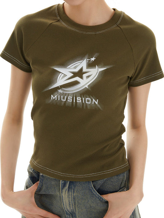 JY Groen Y2K T-shirt met korte mouwen en sterrenprint