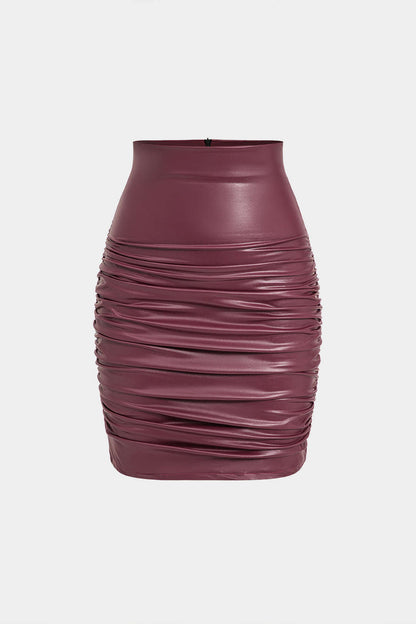 Solid Color Y2k Faux Leather Ruched Skirt