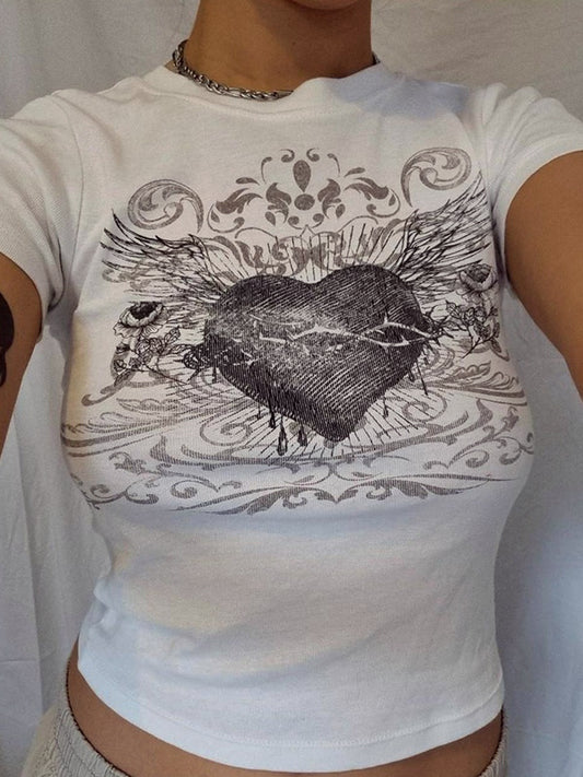 White Vintage Heart Print Short Sleeves Tee