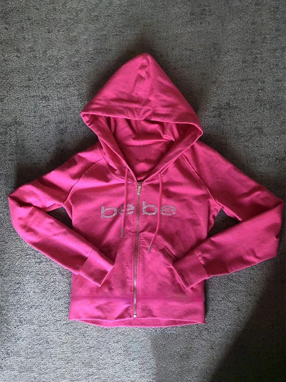 Sweat à capuche zippé surdimensionné avec imprimé strass et lettres roses Barbie des années 2000