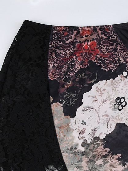 Vintage Dark Flower Print Splice Irregular Design Low Waist Midi Skirt