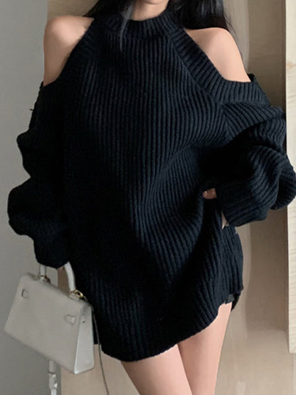 Solid Color Y2k Shoulder Loose Ribbed Sweater