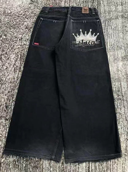 Black 2000s Trendy Print Boyfriend Jeans