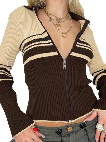 Cardigan à revers patchwork rayé vintage marron