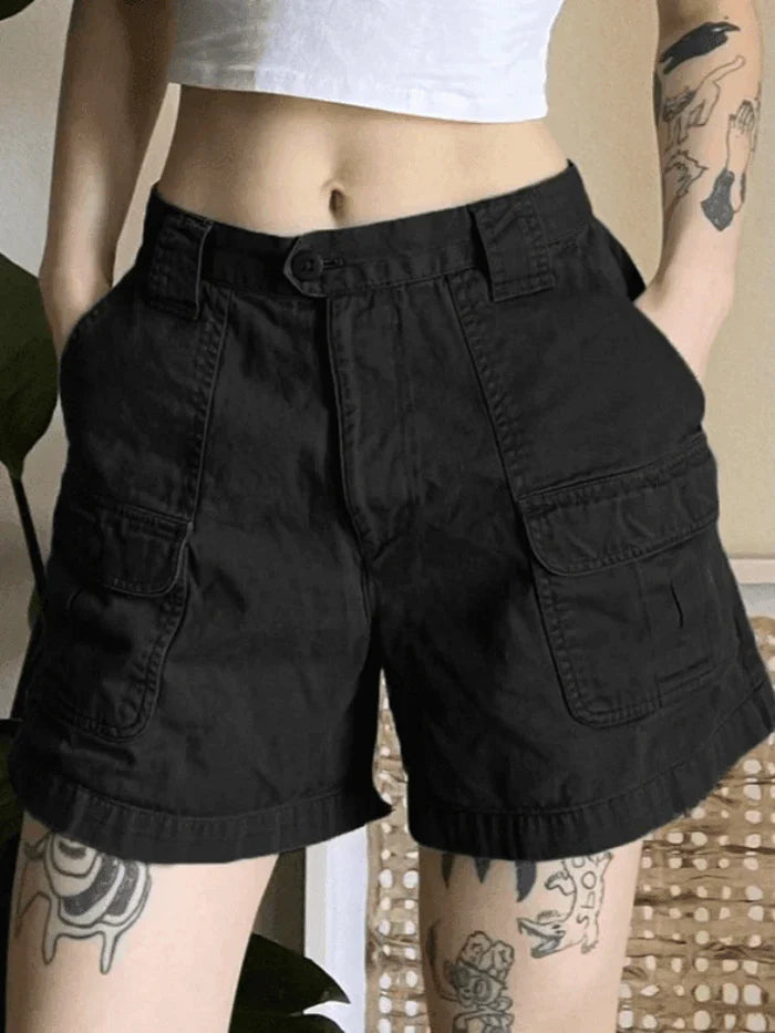 Zwarte klassieke denim cargoshort met rechte pijpen