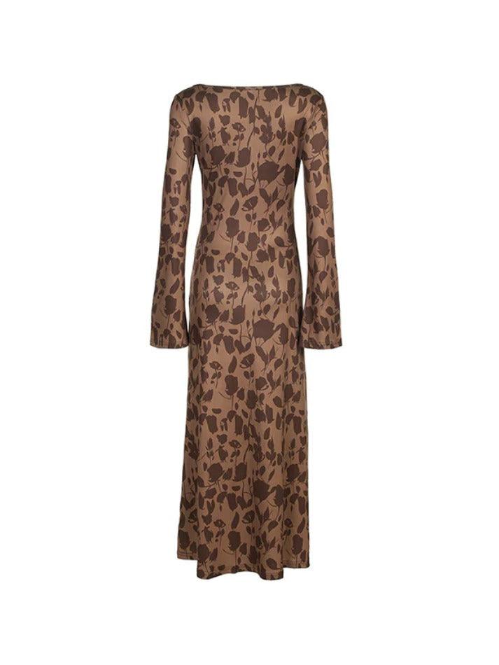 Brown Classic Print Trumpet Sleeve Maxi Dress