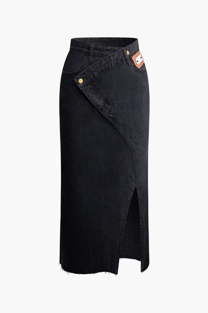 Denim midi-rok met wikkelsplit en label