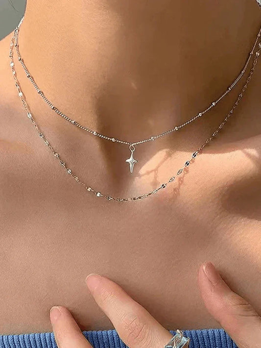 Silver Y2K Double Layered Star Charm Necklace