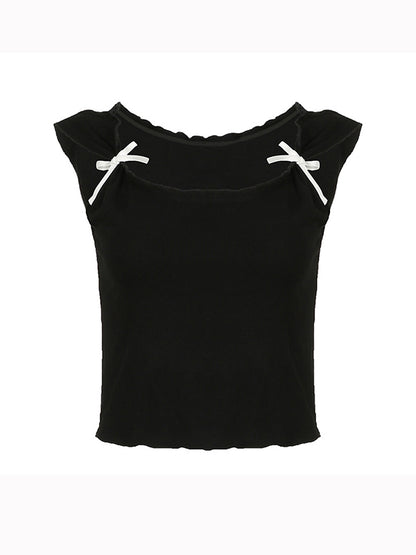 Sweet Bow Square Neck Short Sleeve Crop Tee