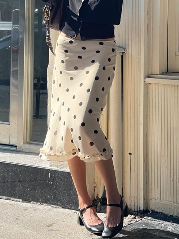 Apricot Vintage Polka Dot Fungus Edge Maxi Skirts