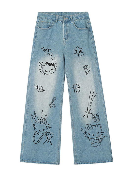 Blue Retro Boyfriend Jeans with Cartoon Print