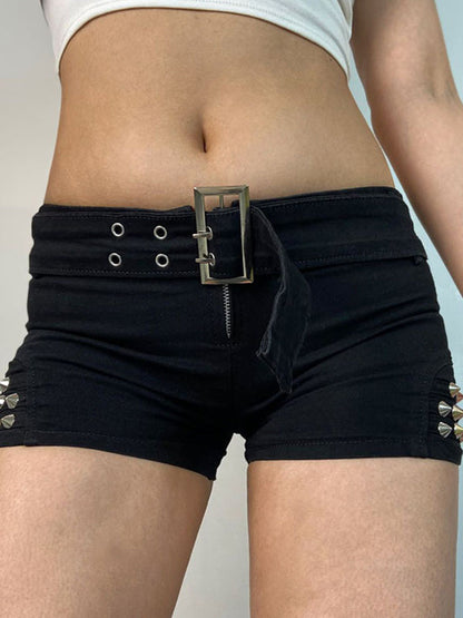 Short en jean noir Punk taille basse avec ceinture et rivet