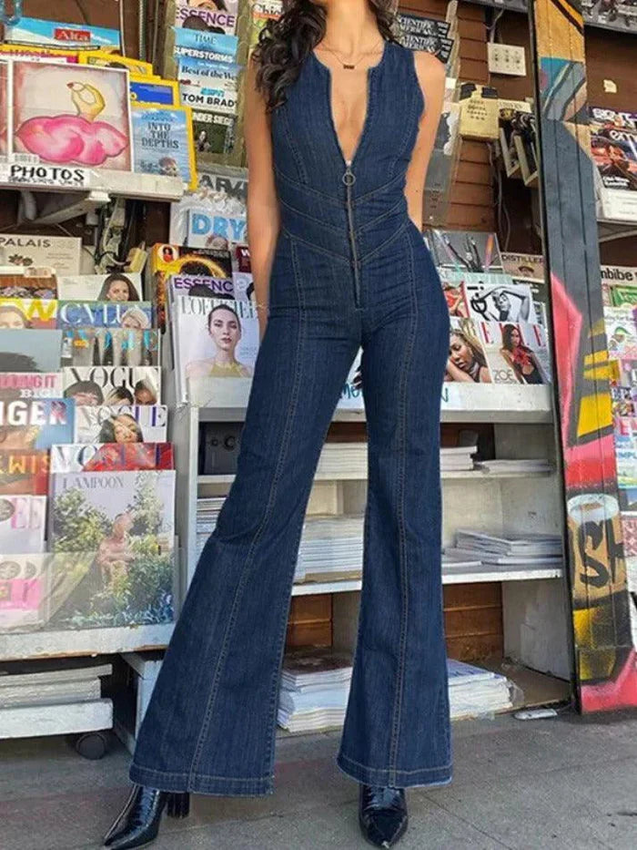 Vintage denim jumpsuit met hoge taille en rugloze ritssluiting