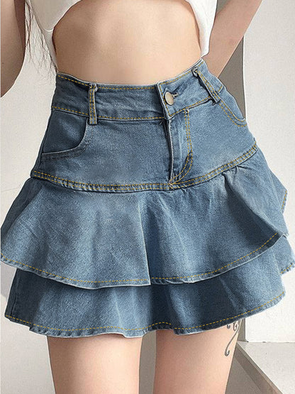 Blauwe vintage hoge opkomst gelaagde denim minirok