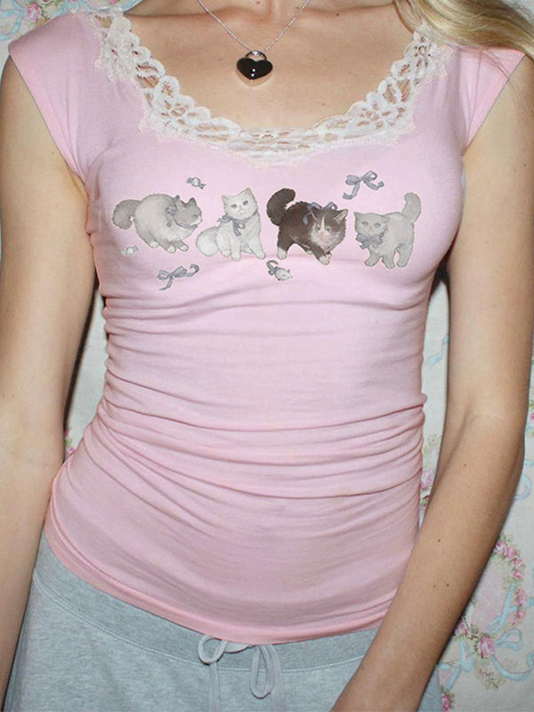 Y2K Cute Cat Print Lace Trim Short Sleeve Tee