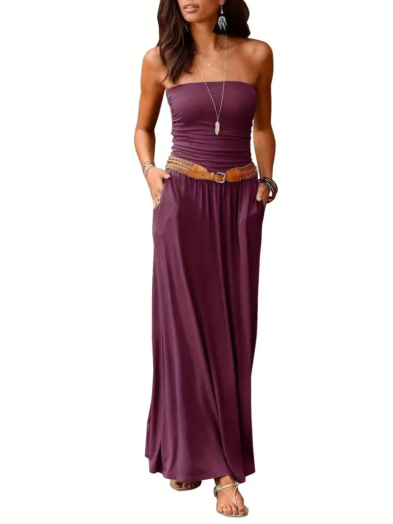 Vintage effen kleur veelzijdige strapless maxi-jurk met zakken