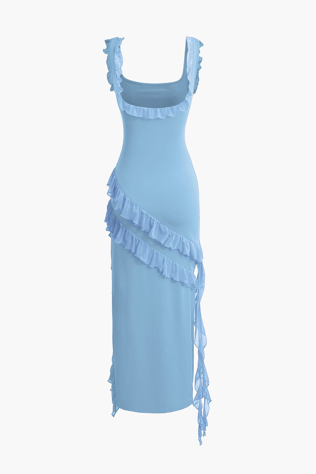 Solid Color Ruffle Trim Slit Sleeveless Maxi Dress