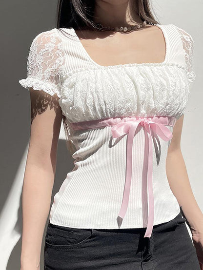 White Y2K Bow Lace Patchwork Bubble Sleeve Top