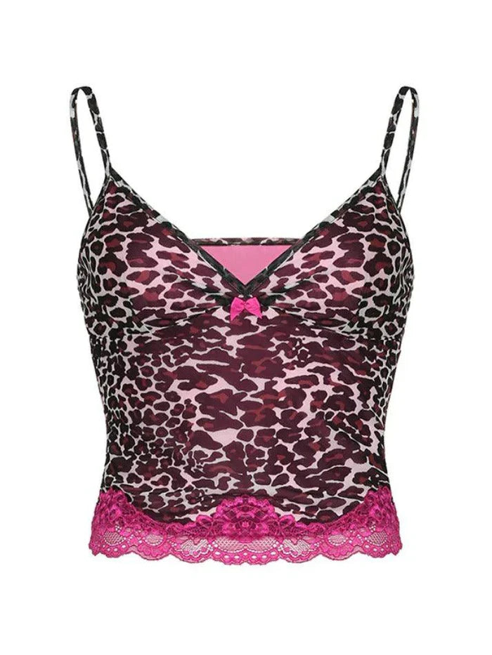 Pink Vintage Leopard Print Lace Stitching Cami Top