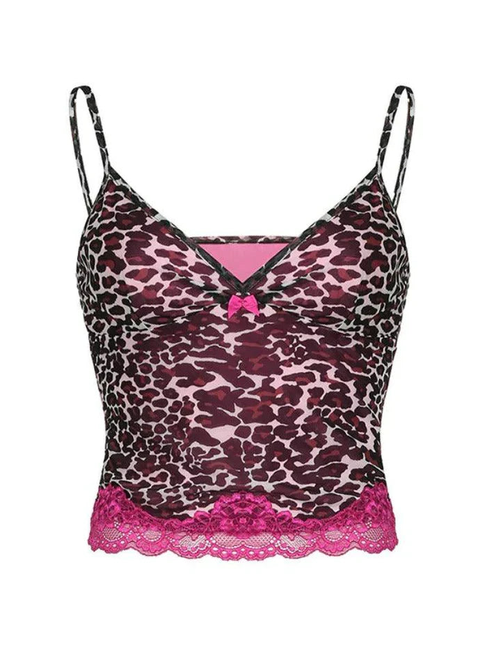 Roze vintage cami-top met kanten stiksels en luipaardprint