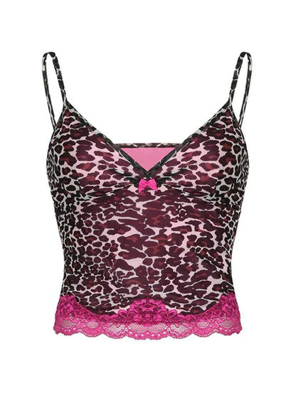 Pink Vintage Leopard Print Lace Stitching Cami Top