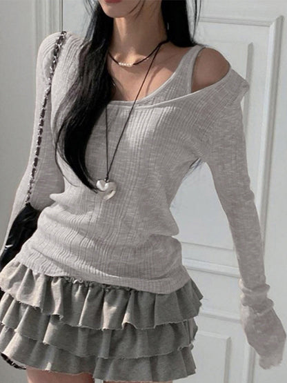 Grey Vintage Rib Cold Shoulder Two Piece Long Sleeve Knit