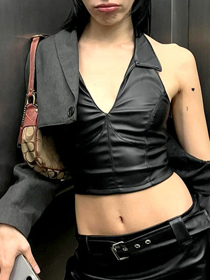 Black Y2k V Neck Split Chest Leather Halter Vest