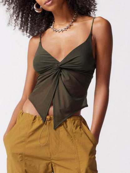 Solid Color Y2k V Neck Mesh Cami Top