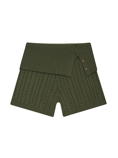 Green Vintage Knitted Button Slit Shorts