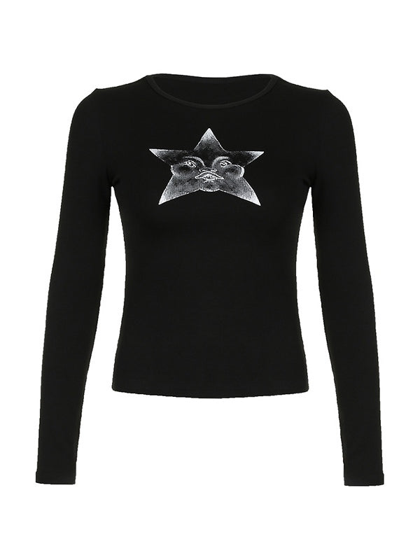 Y2k Adorable Star Print Slim Long Sleeve Knit