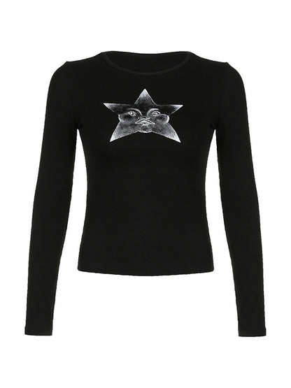 Y2k Adorable Star Print Slim Long Sleeve Knit