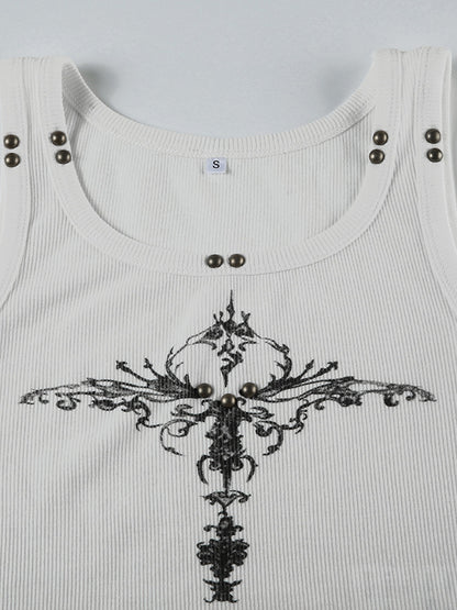 White Gothic Print Rivet Tank Top