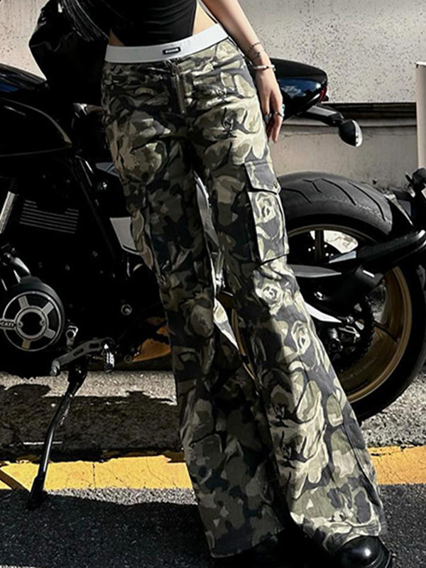 Pantalon slim évasé à imprimé camouflage rose vintage JY