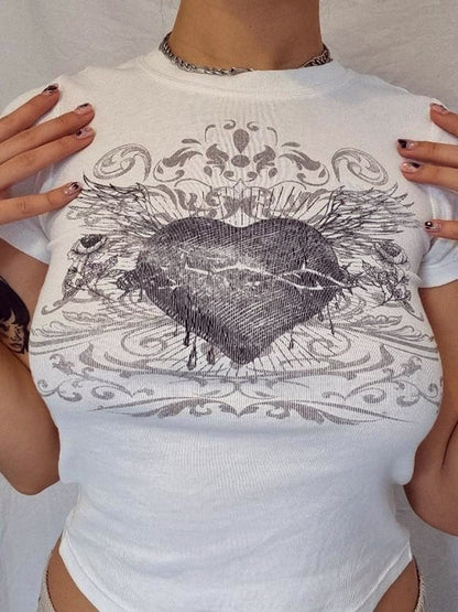 White Vintage Heart Print Short Sleeves Tee