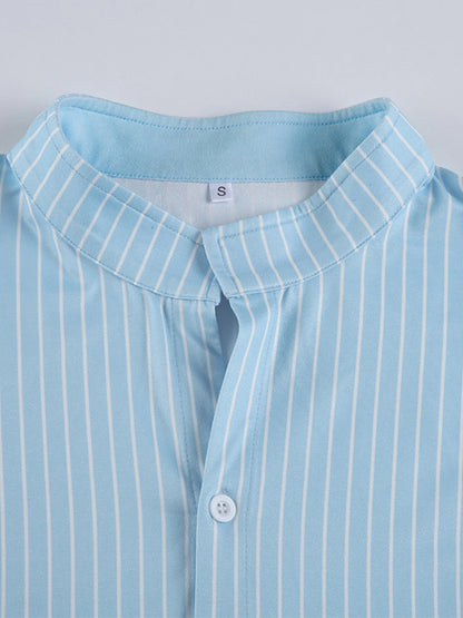 Blue Vintage Striped Slim Fit Short Sleeves Shirts