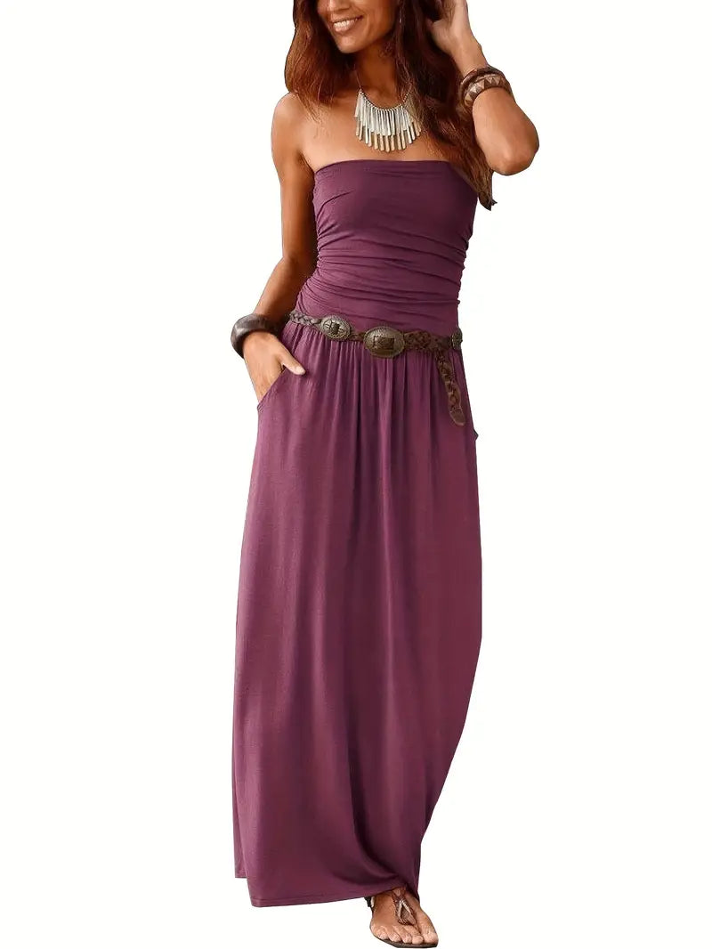 Vintage Solid Color Versatile Strapless Maxi Dress with Pockets