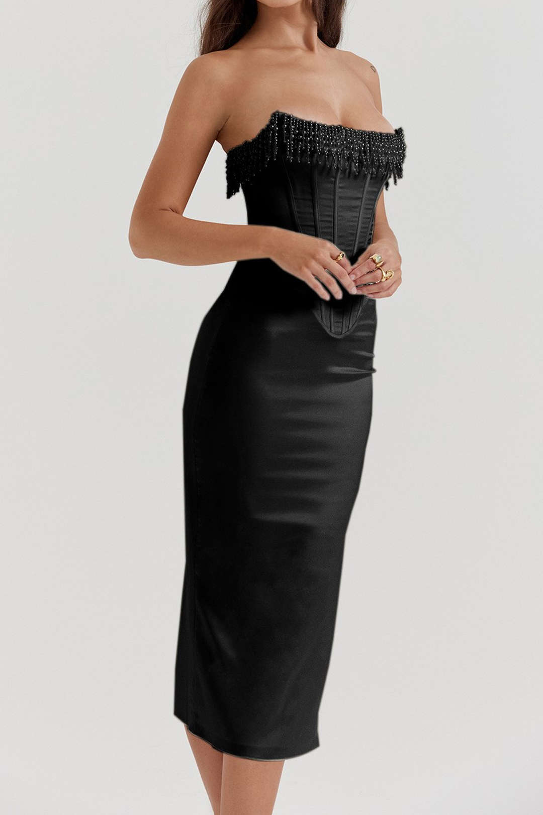 Solid Color Y2k Pearl Braided Eyelet Corset Midi Dress