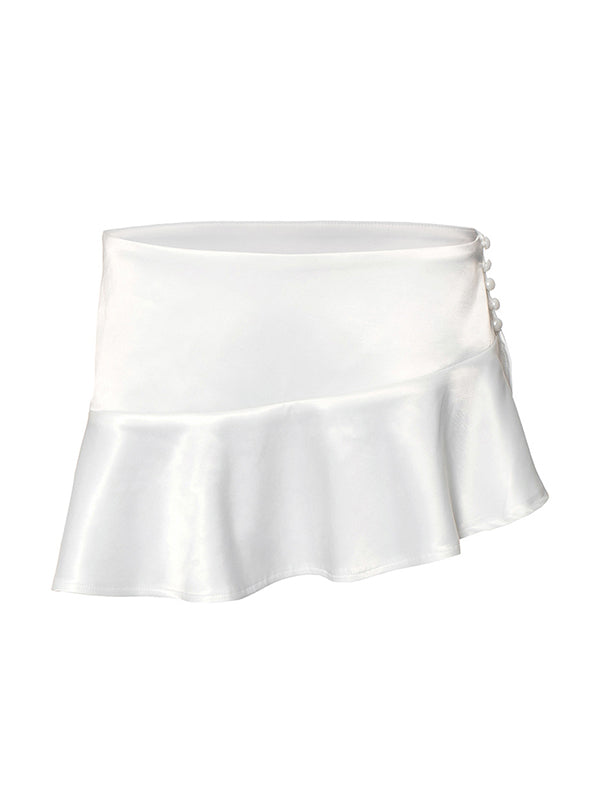 Witte vintage korte navel-baring minirok met gegolfde parelgesp