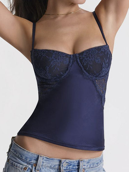 Haut corset slim bleu marine transparent en dentelle épissure