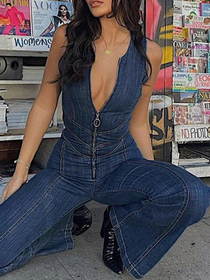 Vintage denim jumpsuit met hoge taille en rugloze ritssluiting