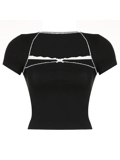 Black Y2k Gothic Lace Trim Bow Slim Top with Square Neck