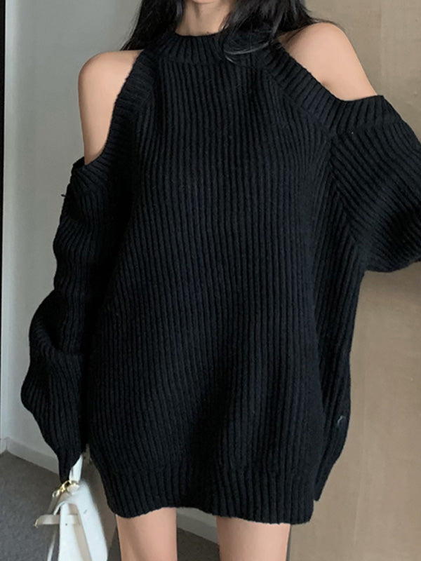 Solid Color Y2k Shoulder Loose Ribbed Sweater