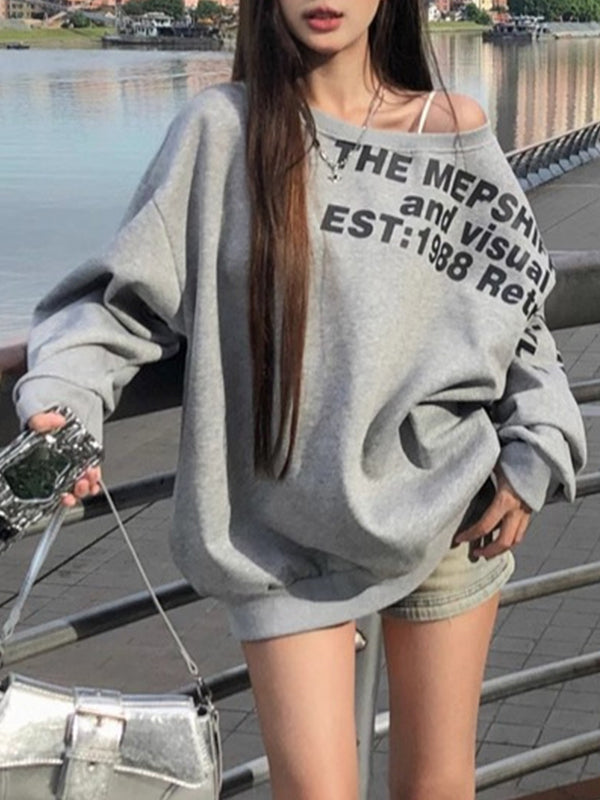 Gray Y2k Letter Printed Off Shoulder Loose Sweatshirt