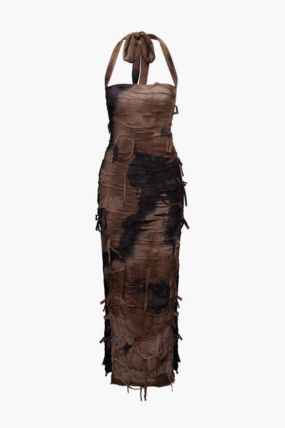 Vintage tie-dye noodlijdende mesh maxi-jurk met split-halter