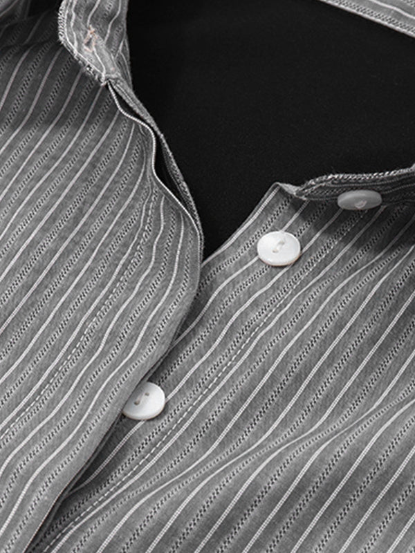 Black Vintage Stripe Splice Polo Neck Long Sleeve Blouse
