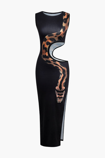 Zwarte slangenprint cut-out mouwloze split maxi-jurk