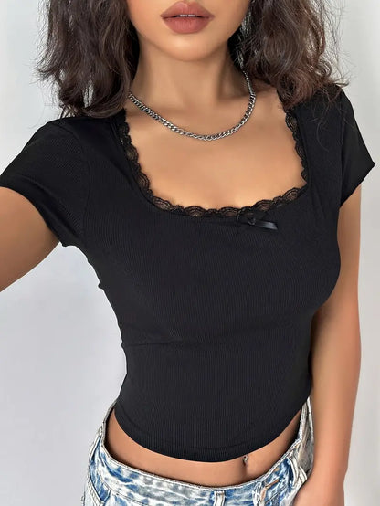 Vintage Lace Trim Bow Decor Crop Top with Square Neck