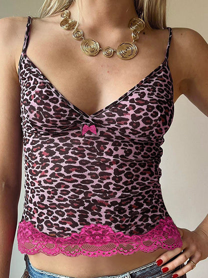 Roze Y2K cami-top met kanten stiksels en luipaardprint