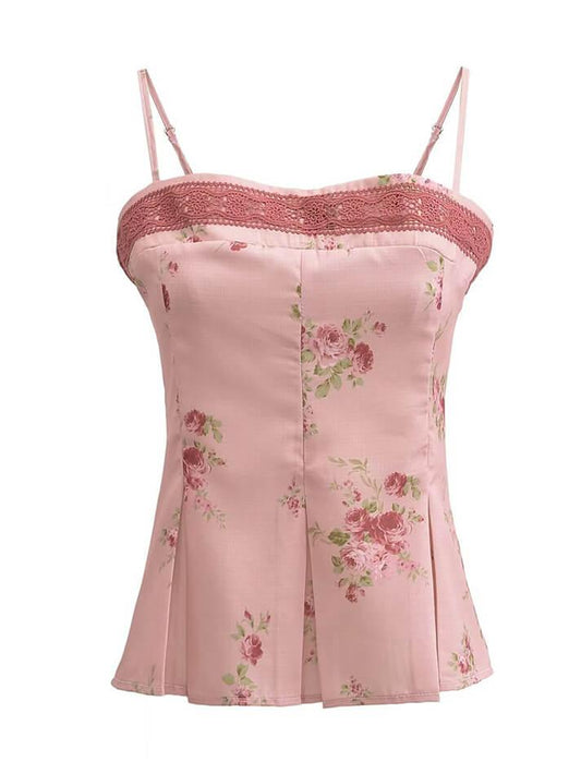Pink Vintage Floral Lace Trim Cami Top