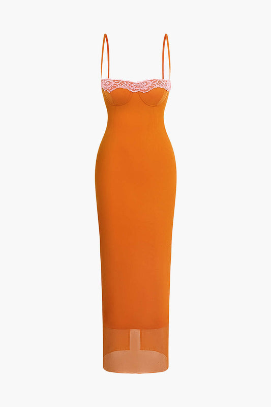 Orange Lace Trim Cami Midi Dress